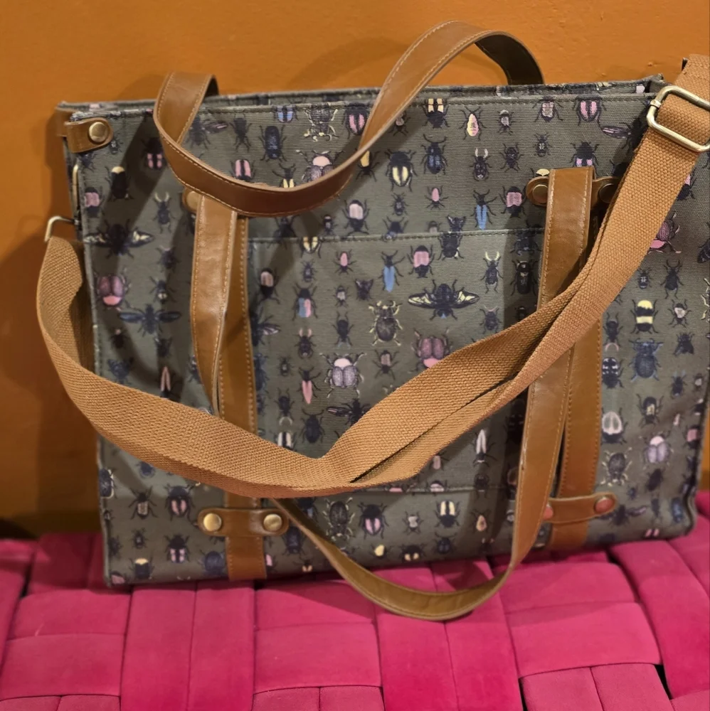 Canvas Tote Bag with Leather Straps - Olive Green Beetle Print - Picture 4 of 4